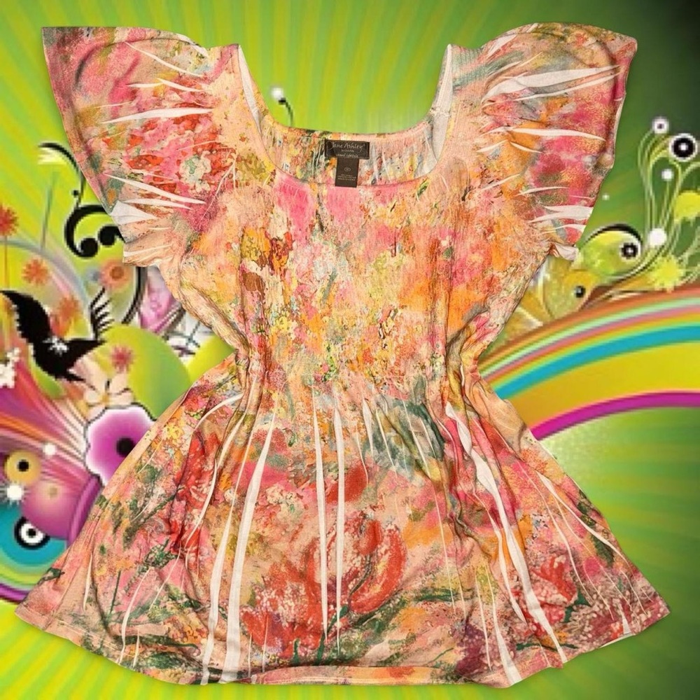 vtg y2k jane ashley boho fairy whimsy sublimated smocked babydoll top, fits xl